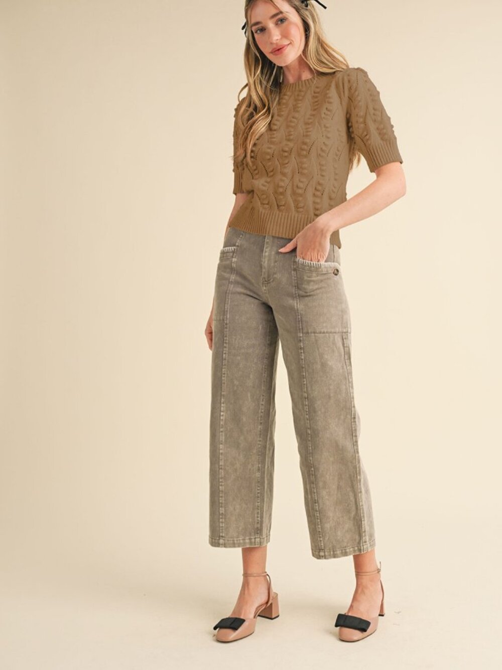 NWT &Merci Harper Popcorn Pointelle Knit Top Beige Taupe M